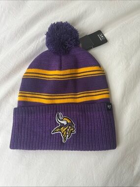 47 Adult Unisex Minnesota Vikings Purple and Yellow Pom Cuff Beanie